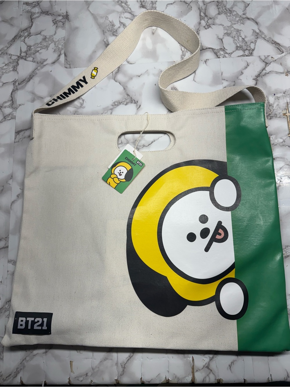 BT21 CHIMMY Canvas Tote Bag in Cream, Yellow & Green